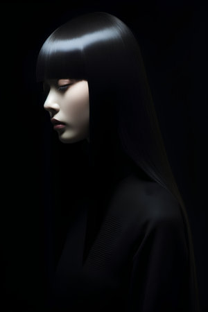 Portrait of a beautiful girl with long black hair on a black backgroundの素材