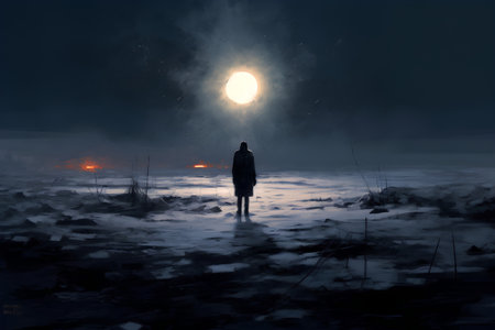 Man standing in the middle of a frozen lake at night with moonの素材