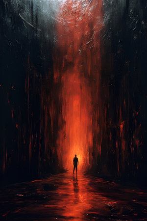 Man standing in front of a wall with red and black smoke.の素材