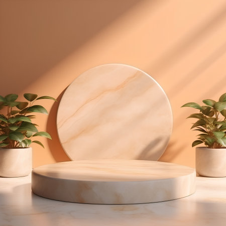3d render of beige marble podium with plant in pot.の素材