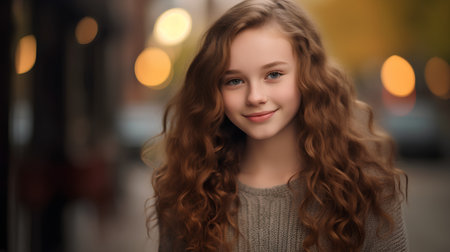 Portrait of a beautiful young girl with long curly red hair.の素材