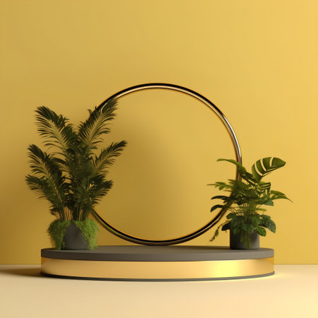 3d render of minimal display podium with tropical plants in pots.の素材