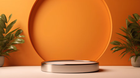 3d render, abstract minimal geometric forms. Glossy golden podium, pedestal or platform for product presentation.の素材