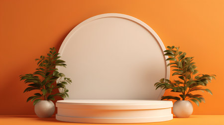 3d render of abstract minimal geometric forms. Glossy orange podium background with tropical plants. Fashion show stage concept.の素材