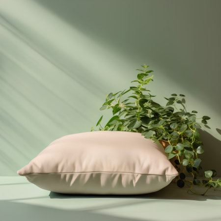 Pillow and plant on green wall background. 3D render.の素材