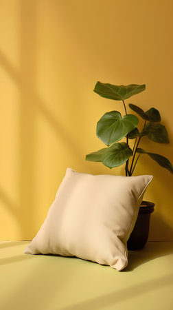 Pillow on a yellow background with a plant. 3d renderingの素材