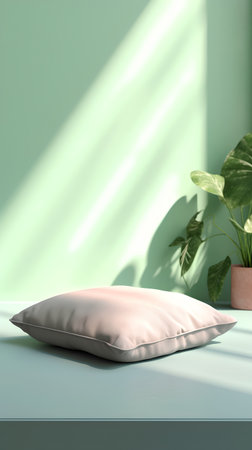 3d rendering of a living room with a green wall and a pillow.の素材