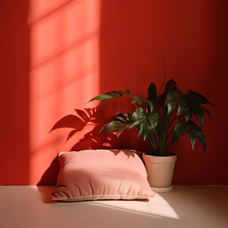 Pillow and monstera plant in a room with red wallの素材