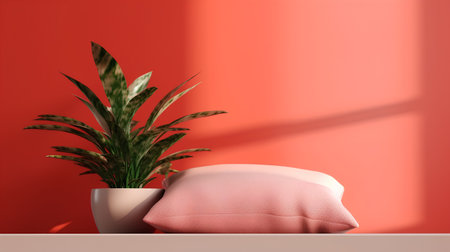 Pillow and plant in pot on red wall background. 3d renderingの素材