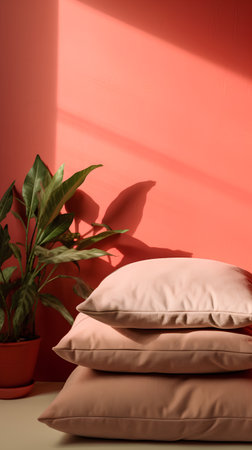 Pillow and plant in a pot on a pink wall.の素材