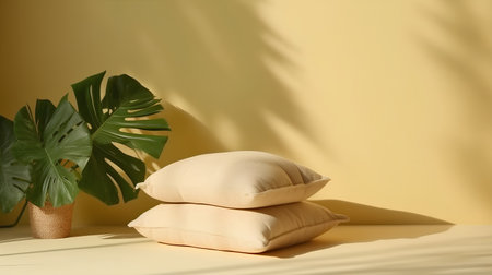 Pillow and monstera on yellow background. 3d renderの素材