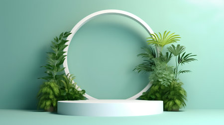 3d render of minimal display podium with palm and tropical plants.の素材