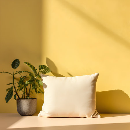 Pillow and plant in a pot on a yellow background. 3d renderingの素材