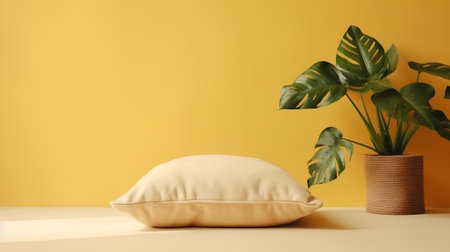 Pillow and monstera plant on yellow background. 3d renderingの素材