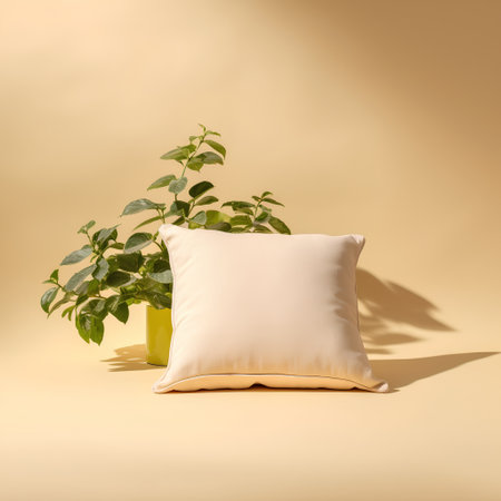 Pillow and plant on a yellow background. 3d renderingの素材