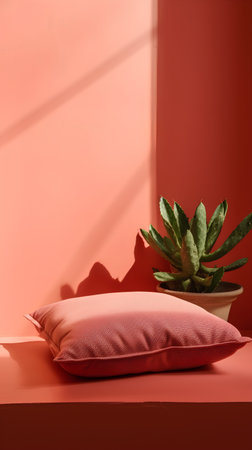 Cushion and succulent plant on a red background with sunlightの素材