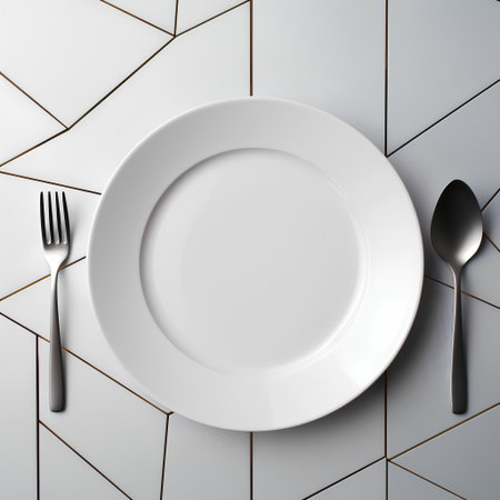 Empty white plate, spoon and fork on a light background. 3d renderingの素材