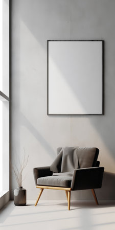 Interior of modern living room with white walls, concrete floor, black sofa standing near window and mock up poster frame. 3d renderingの素材