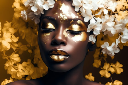 Portrait of a beautiful african american woman with golden make-up and flowersの素材