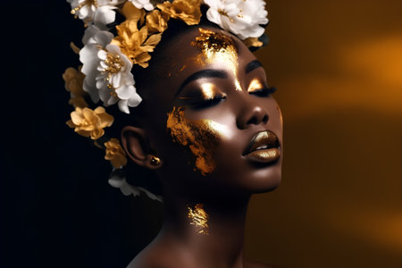 Portrait of beautiful african american woman with golden make up and flowers in hairの素材