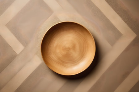 Wooden plate on a wooden background. Top view. Flat lay.の素材