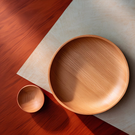 Empty wooden plate and two wooden bowls on the table, top viewの素材
