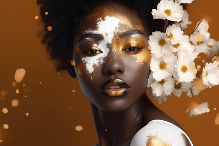 Beautiful african american woman with golden makeup and white flowersの素材