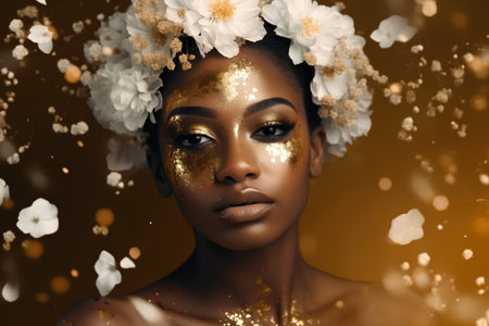 Beautiful african american woman with golden makeup and flowers in hairの素材