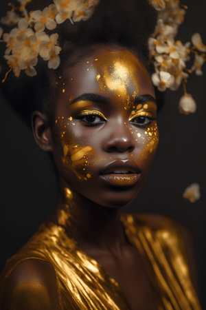 Beauty portrait of young african american woman with golden makeup and flowersの素材