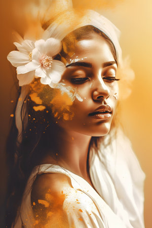 Beautiful young woman with golden makeup and flowers in her hair. Beauty, fashion.の素材