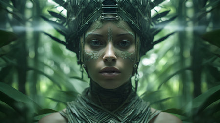 Fantasy portrait of a beautiful woman in a jungle. Fantasy.の素材