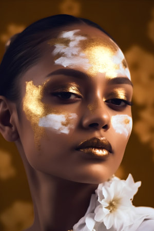 Portrait of a beautiful woman with golden make-up and flowerの素材