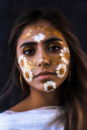 Portrait of a beautiful young woman with golden make up and flowers.の素材