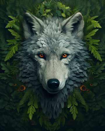 Dark grey wolf face with green leaves and flowers on a dark backgroundの素材