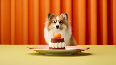 cute pomeranian dog with cake and egg on orange backgroundの素材