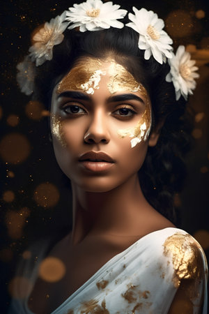 Portrait of a beautiful young woman with golden makeup and flowers in her hairの素材