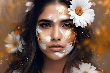 Beautiful woman with creative make-up and chamomile flowersの素材