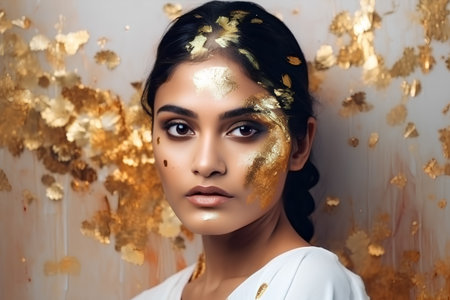 Portrait of a beautiful young woman with golden make-up and sparklesの素材