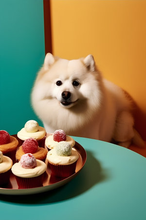 Cupcakes with a Samoyed dog on a colored backgroundの素材