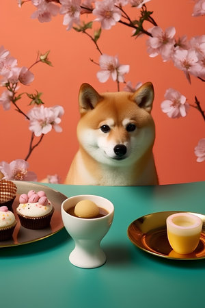 Japanese shiba inu dog with cupcakes, easter eggs and sakura flowersの素材