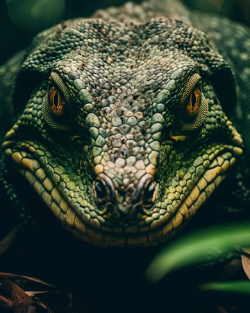 Close up of the head of a chameleon in the forest.の素材