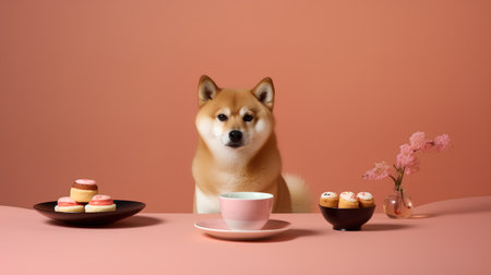 Shiba Inu dog with a cup of coffee and sushi on a pink backgroundの素材