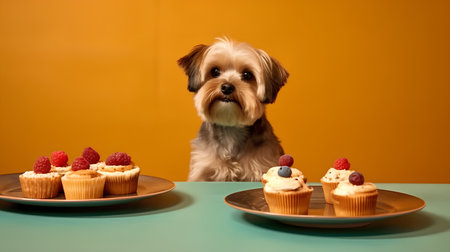 Cupcakes with cream and cute little dog on the orange backgroundの素材