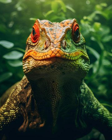 Close up portrait of a bearded chameleon on green background.の素材