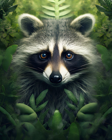 Portrait of a raccoon on a background of green leaves.の素材