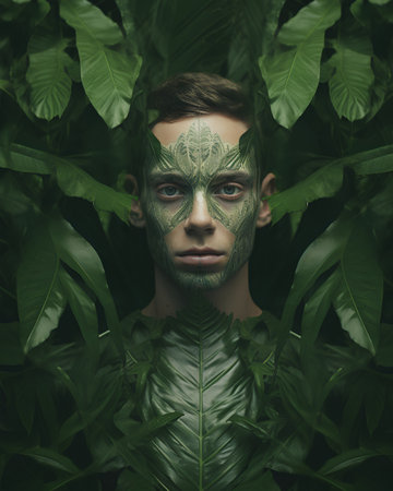 Fantasy portrait of a man with a green leaf on his faceの素材