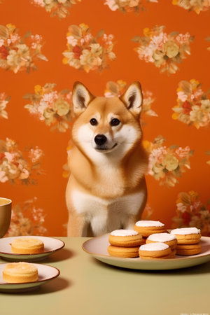 Shiba inu dog with cookies and tea on a colored backgroundの素材