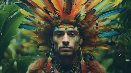 Portrait of young man with native american indian headdressの素材