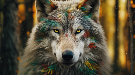 Portrait of a wolf with a multicolored bohemian pattern.の素材