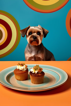 Cupcakes with cream and yorkshire terrier on a colorful backgroundの素材